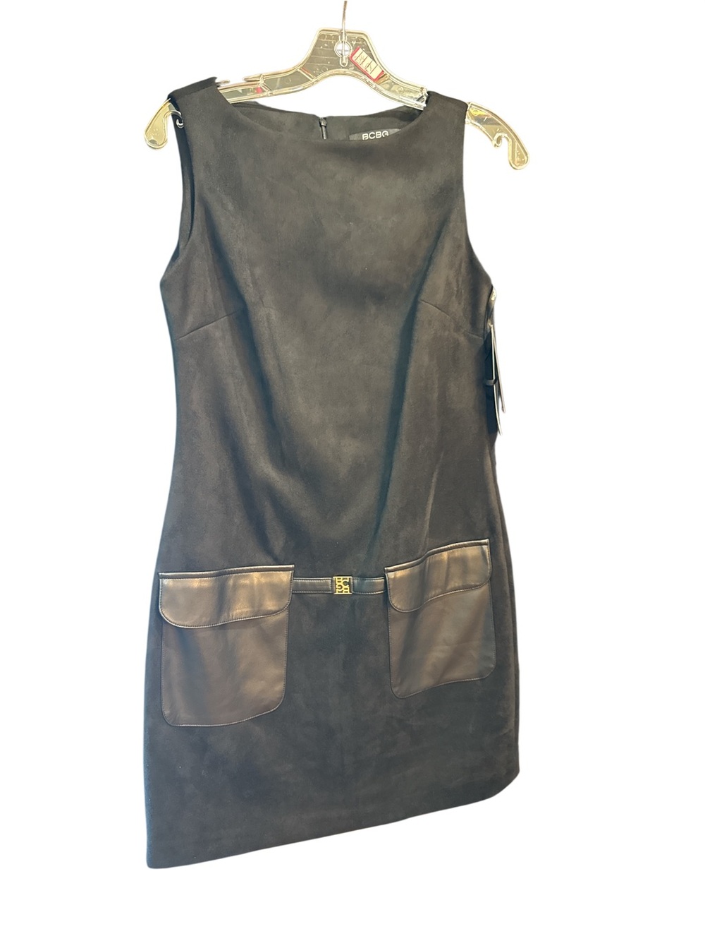 BCBG Black Sleeveless Shift Dress with Leather Patch Pockets